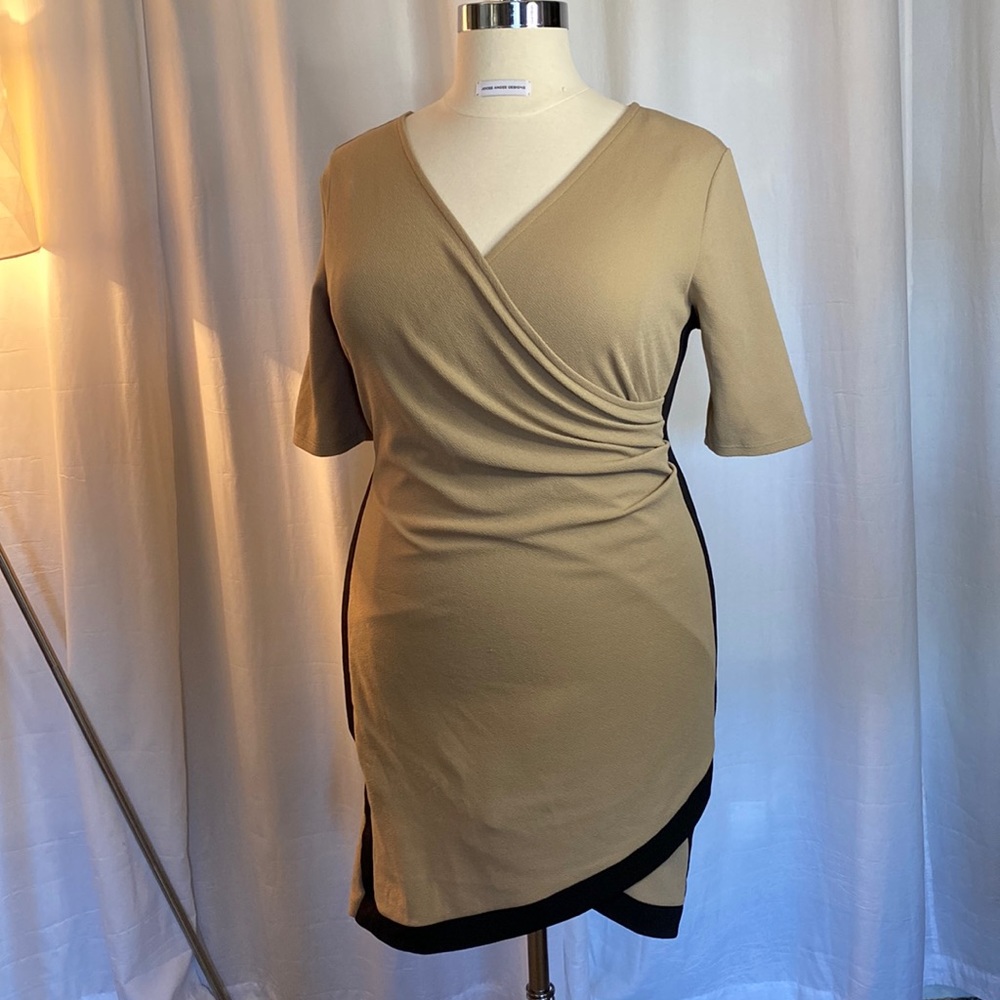 Tan & Black Wrap Body Con Dress